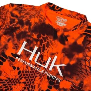 Huk inferno Performance Fishing Men's Orange Camo Short Sleeve Shirt Size M
